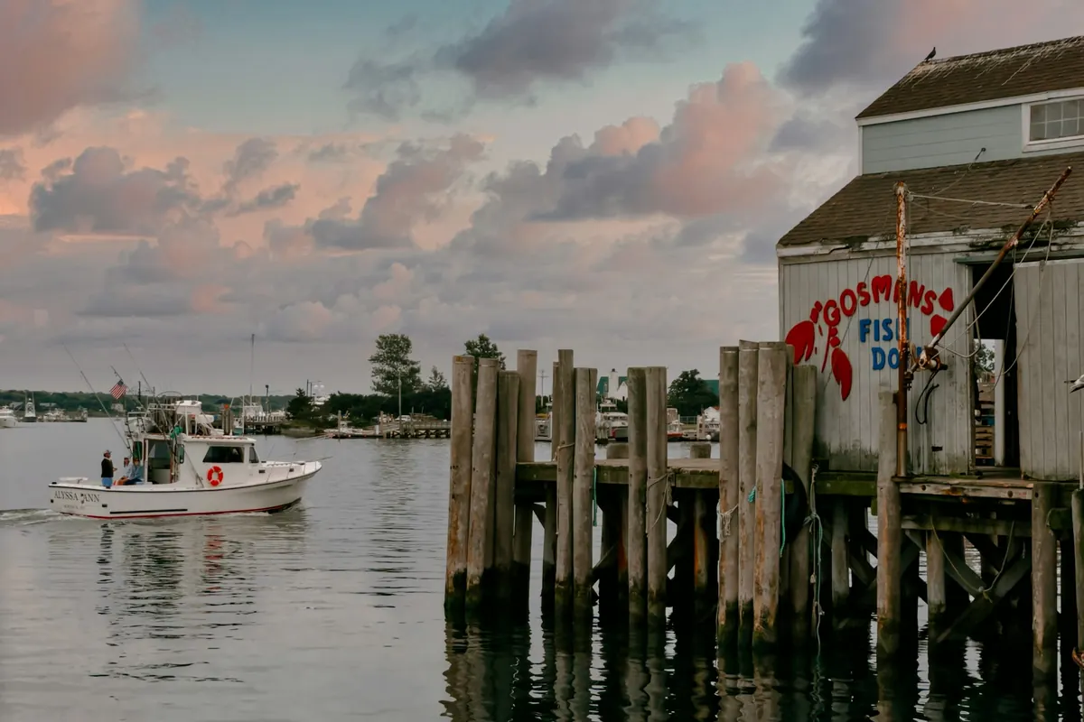 Fishing dock and harbour at dusk on the New England coast